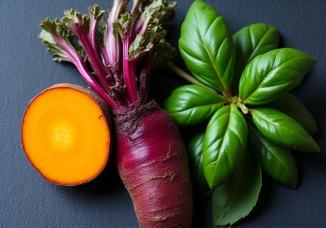 Frische Zutaten wie Rote Bete, Kurkuma und Kräuter arrangiert für die Vorbereitung